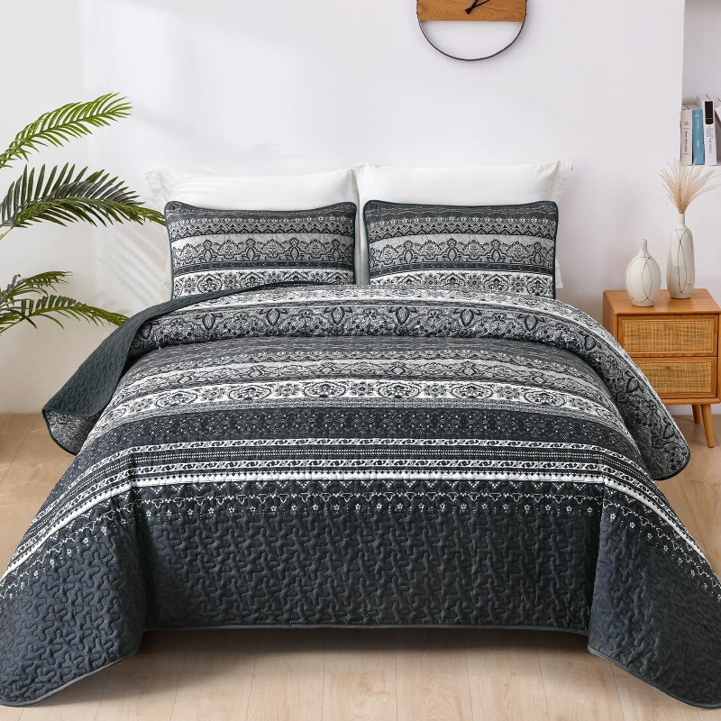 WONGS BEDDING Boho King Quilt Set  Black Bohemian Quilt Bedding Set  Lightweight Bed Decor Bedspread for All Season Reversible Microfiber Coverlet Bedding Set 110""x90""(3 Pieces) - Image 1